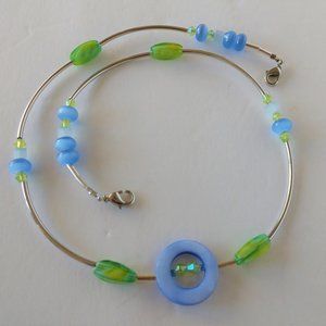 Periwinkle and Green Necklace With Silver Plated Brass Tubes Handmade 19 Inches